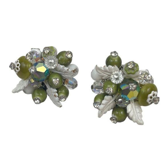 Vendome Vintage Beaded Clip-On Earrings With Green & White Beads Rhinestones & S - Picture 7 of 8